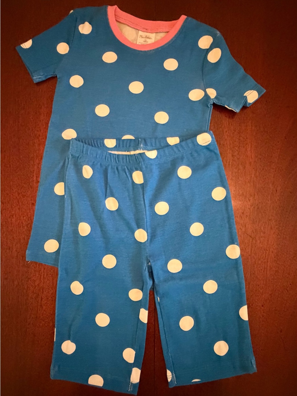 Mini Boden Blue Polka Dot Pajama Set with Pink Neckline